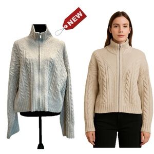 William Rast sand beige gray cableknit long sleeve high neck sweater full zip